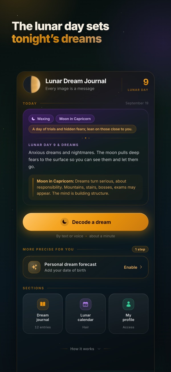Lunar Dream Journal home screen